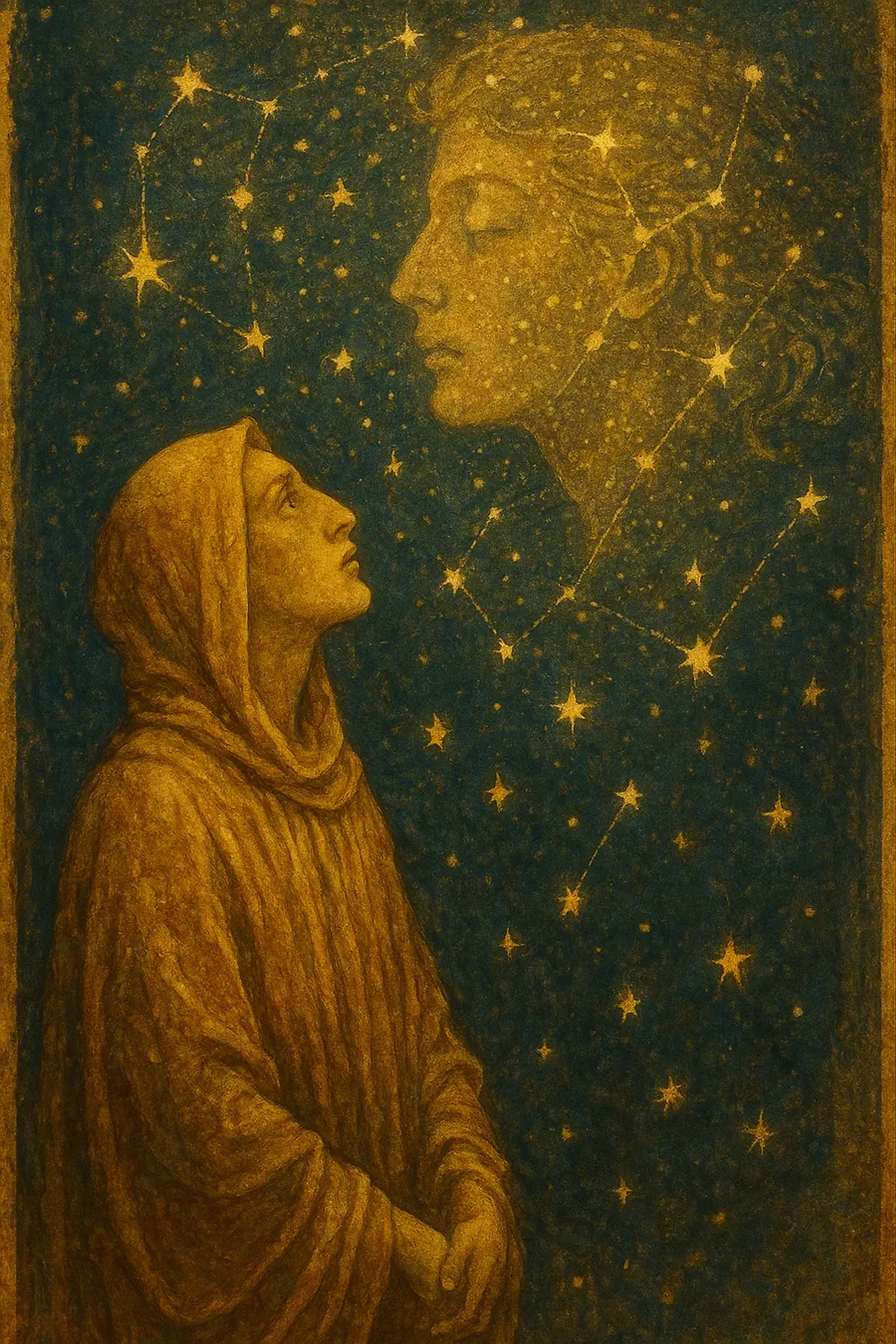 A robed figure gazing up at their own face formed in the constellations