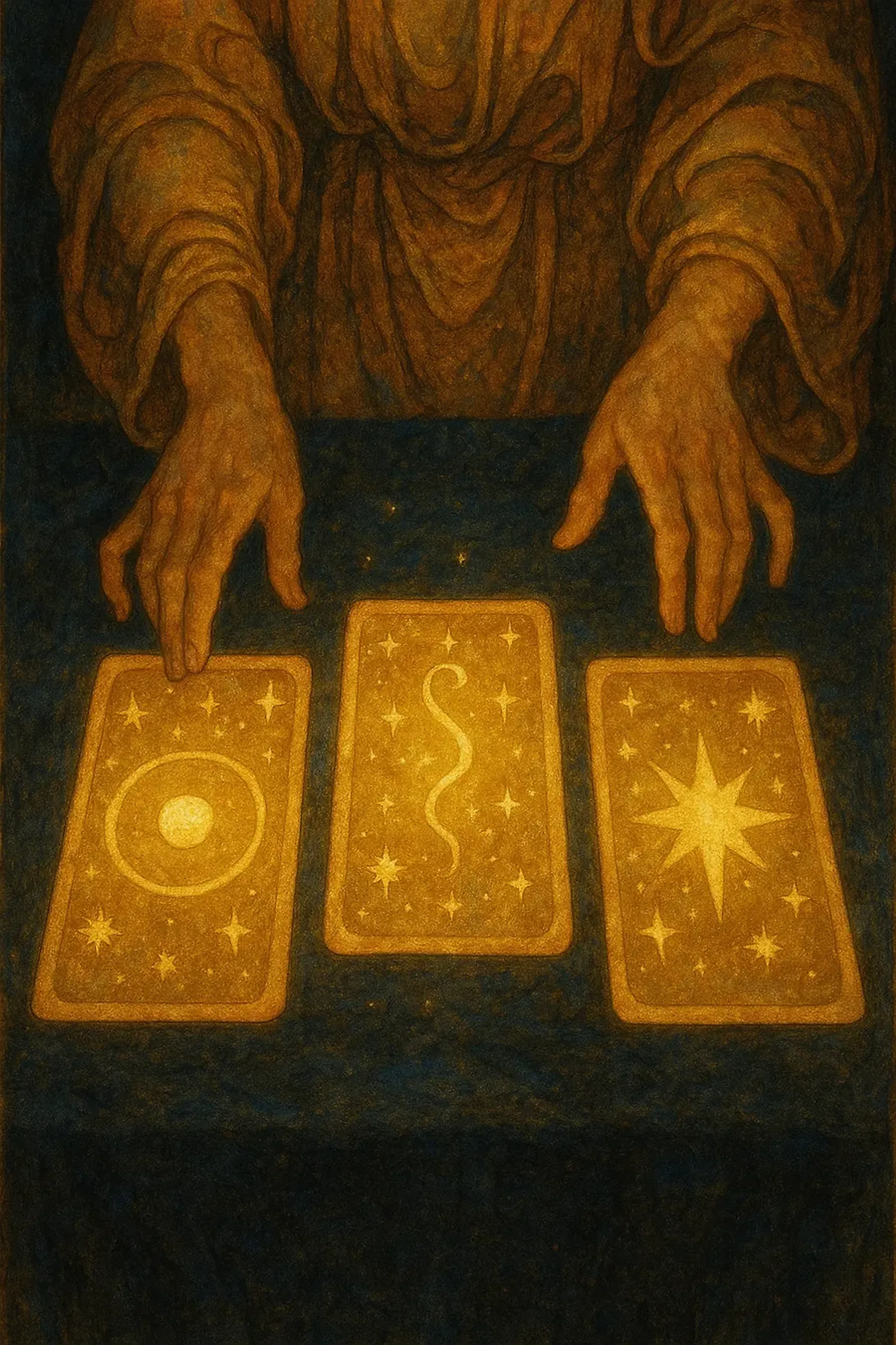A seer's hands laying a three-card tarot spread that glows gold
